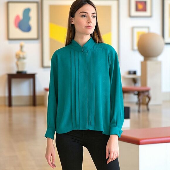 High Neck Pleated Flowy Blouse Sz M 10 Silky Regency Office Siren Corpcore Vtg - Picture 16 of 16